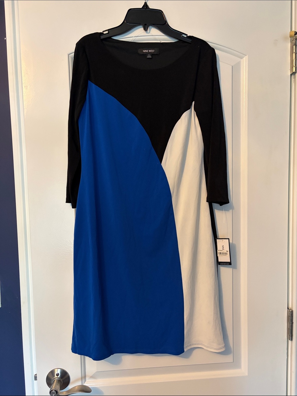Nine West Black, Blue & White Colorblock Long Sleeve Dress